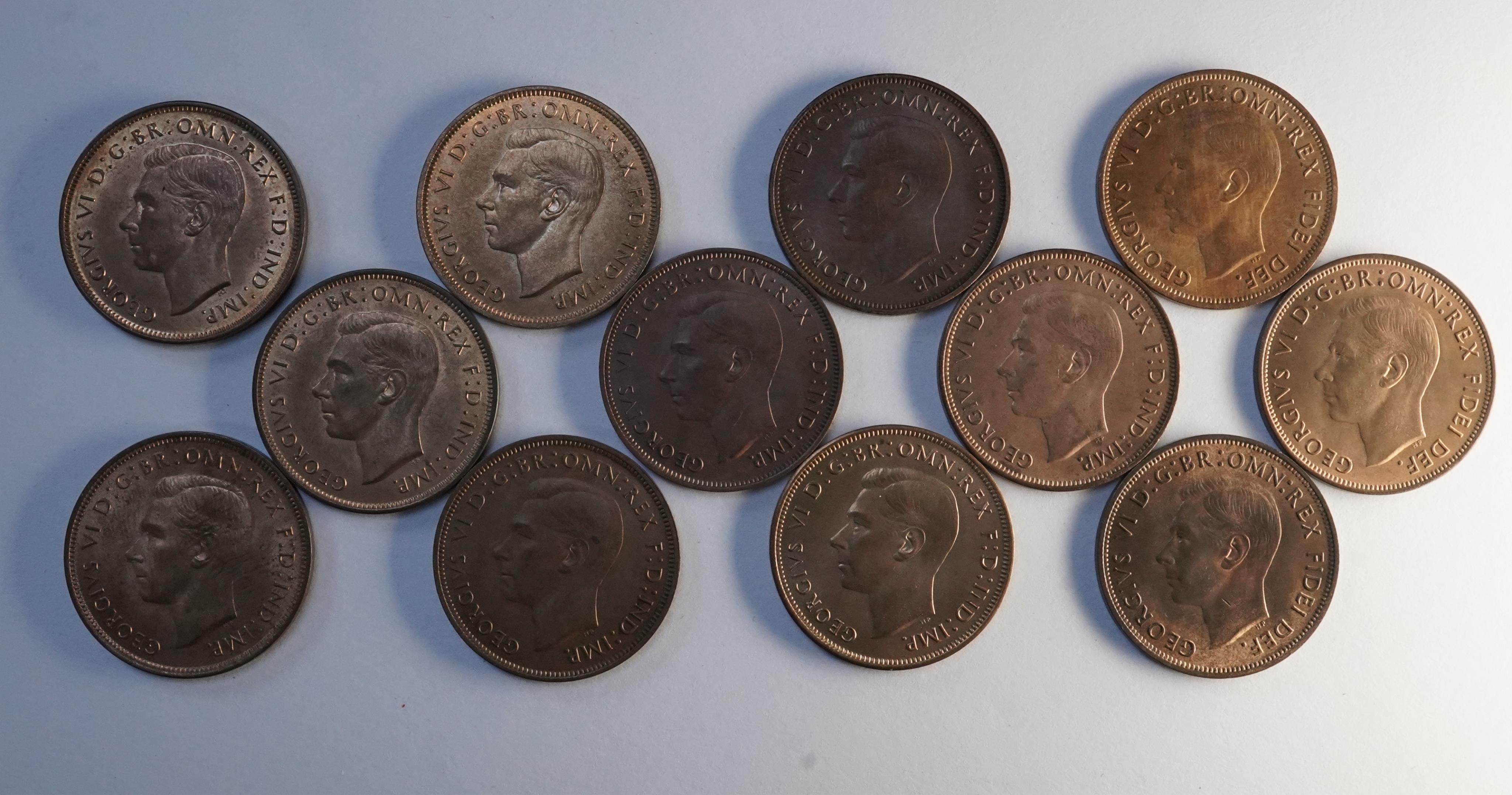 John Hill Collection., British coins, George VI and Elizabeth II, a date set of pre-decimal bronze pennies (1937-1967), S. 4114, S. 4154 and S. 4157, excludes 1941-43 and 1954-60, ranging from EF to UNC, many with full l